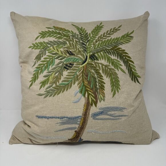 Pottery Barn 20"x20" Tropical Palm Tree Beach Embroidered Pillow - Picture 1 of 5